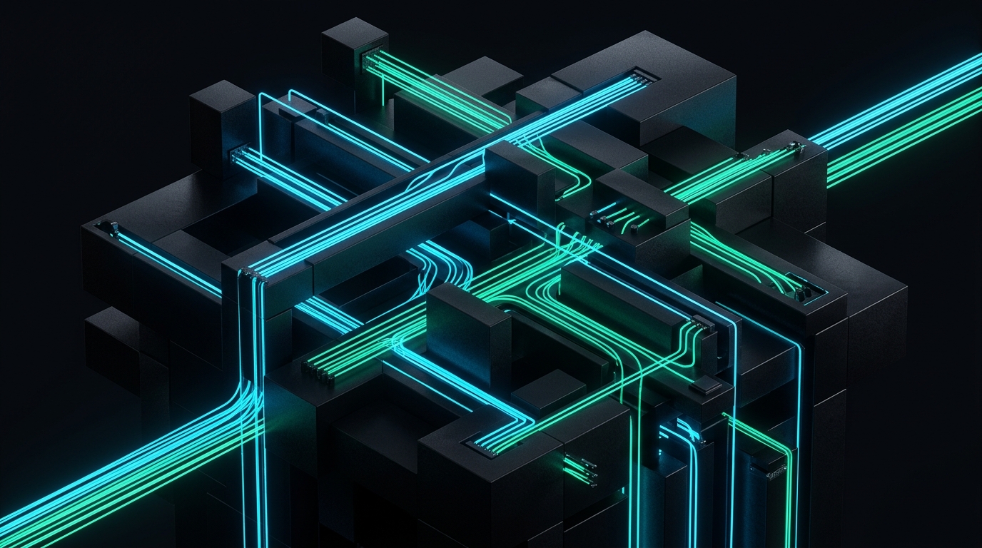 Visualização 3D da arquitetura de rede de fibra óptica e servidores sub-segundo da EixoAds